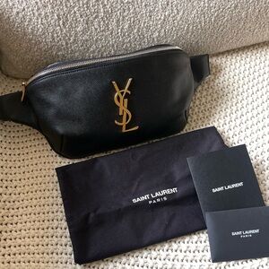 SAINT LAURENT YSL Grain De Poudre Cassandre Leather Belt Bag Black Gold